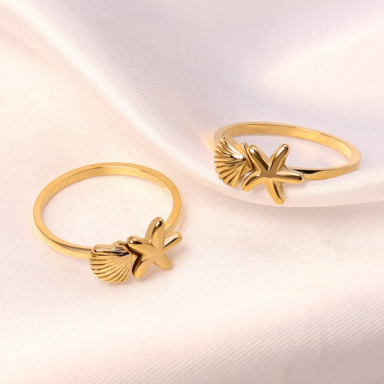 Venta al por mayor Anillo de concha de estrella de mar chapado en oro de 18k de acero inoxidable